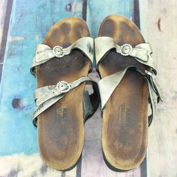 Naot Silver Leather Two Adjustable Strap Open Toe Slide Sandals Size 11 - Picture 8 of 9